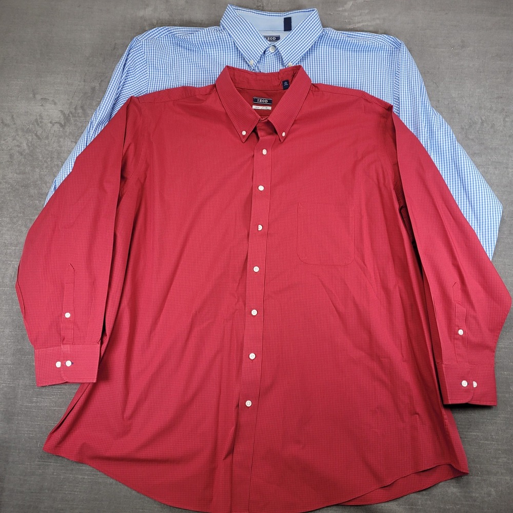IZOD Lot of 2 Mens Big Tall Red Gingham Stretch Button Up Shirt 2XL 20 34/35